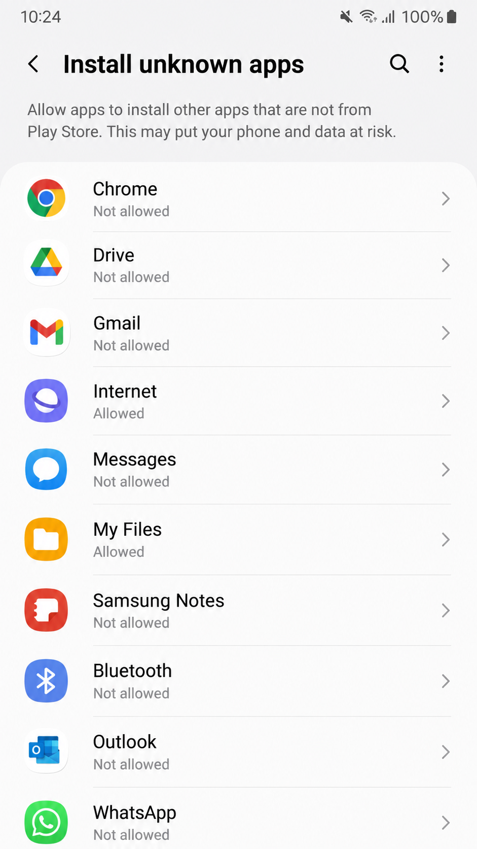 Install unknown apps list showing My Files