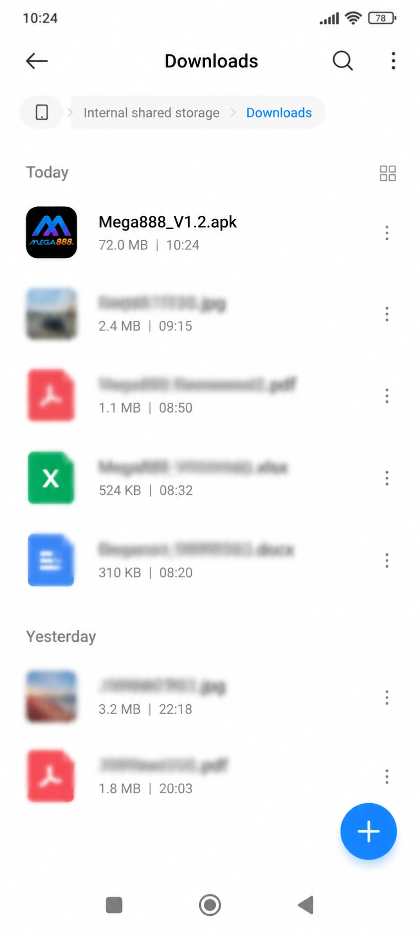 Mega888 APK in the Downloads folder of the Xiaomi File Manager