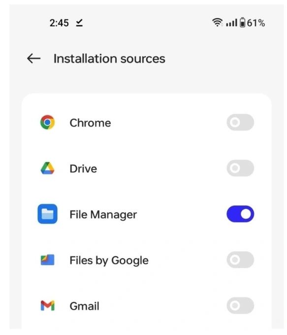 Install unknown apps permission screen on Vivo Funtouch OS